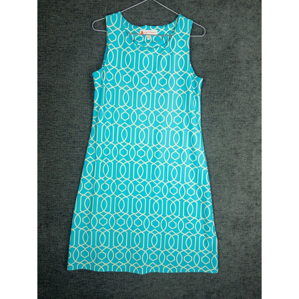 Jude Connally Shift Dress‎ Womens S Turquoise Geometric Print Sleeveless Stretch